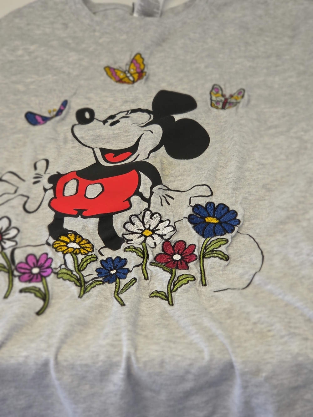 Disney Mickey Mouse Gray Short Sleeve Tee with Floral Embroidery
